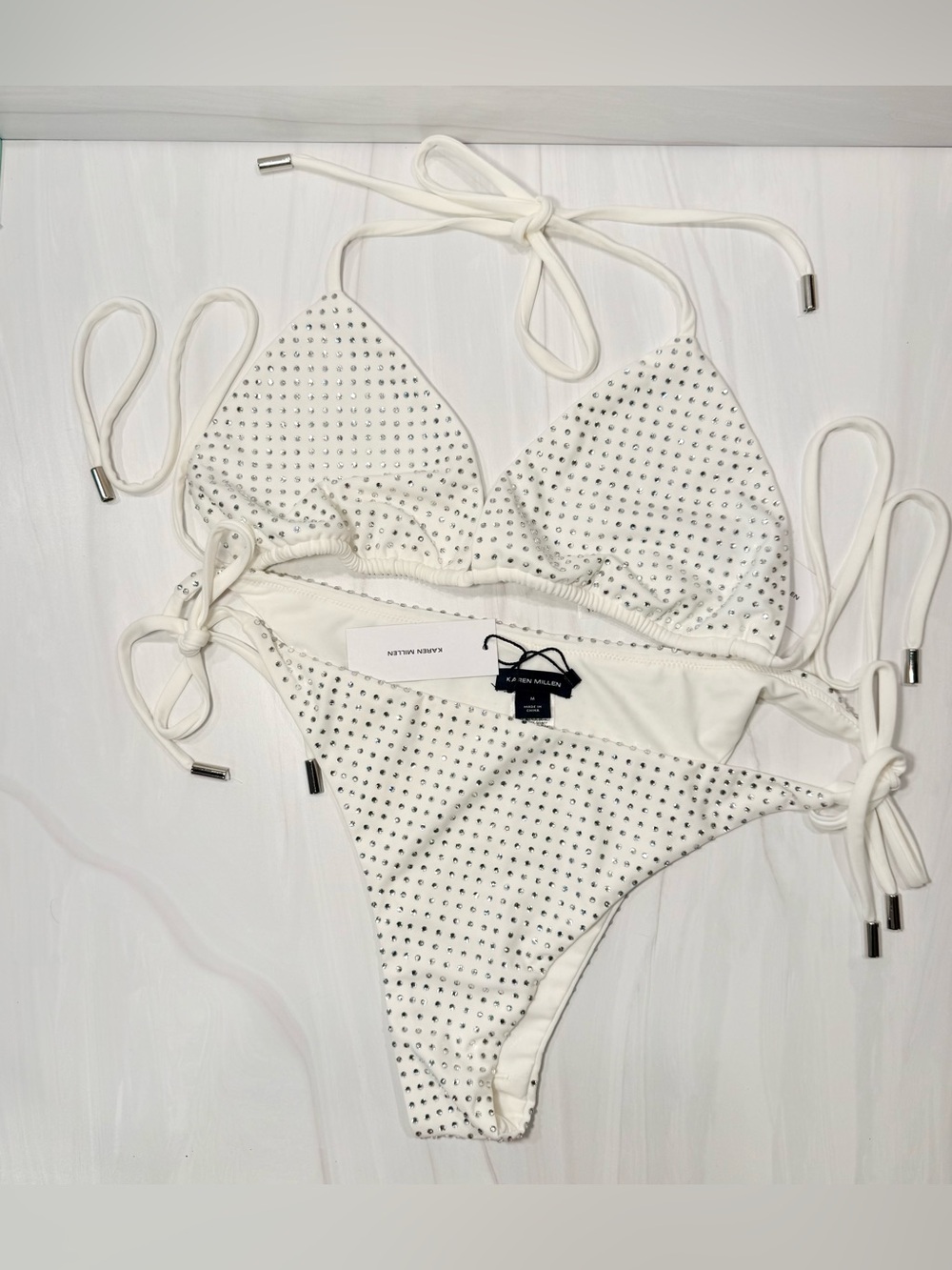 Karen Millen ⭐️NWT⭐️ White Crystal Rhinestone Bikini Set Size M Diamante Swim